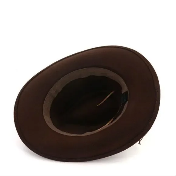 Brown Wide Brim Tall Pinched Crown Stiff Brim Western Skull Band Fedora Hat NEW